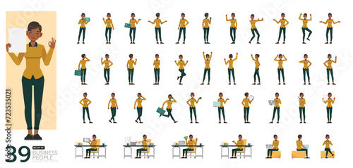 Big Set of working woman wear yellow shirt color character vector design. Presentation in various action. People working in office planning, thinking and economic analysis.