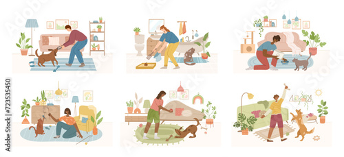 happy pet owner with dog and cat in cozy interior of living room. Pet sitter and friendly pet service concept. People playing, cuddling with domestic animal friends at home.