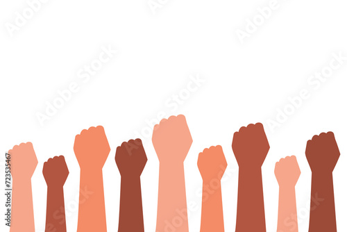 People's hands raised with clenched fists isolated on a white background. Symbol of love, diversity, human rights, feminism, equality, women's day concept. Vector illustration flat design style