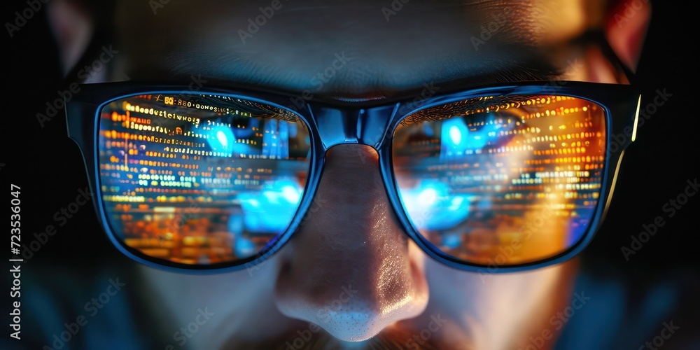 Face of engineer, framed by wear sunglasses reflecting intricate computer code. Face of engineer, framed by wear sunglasses reflecting intricate computer code.