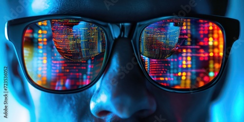Face of engineer, framed by wear sunglasses reflecting intricate computer code.