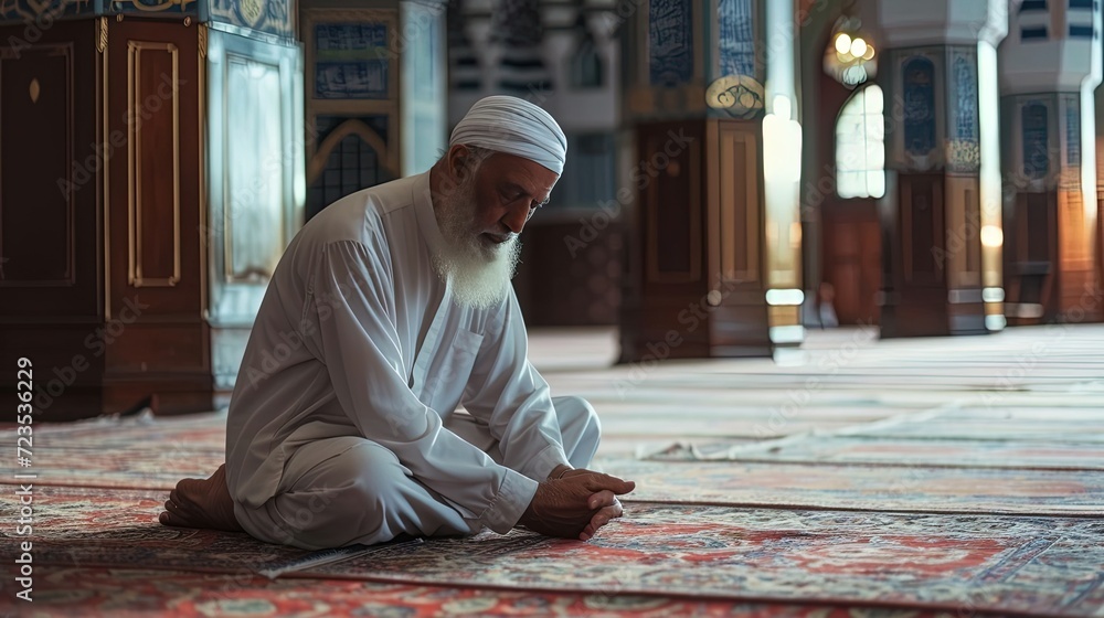 Senior Old Man Praying In The Mosque
