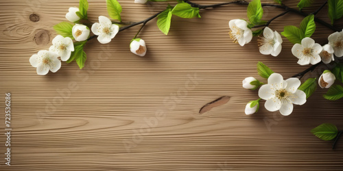 Spring white flower on beige wooden background.
