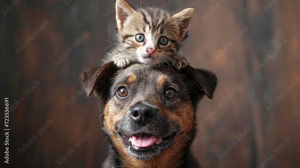 dog portrait with a hiding cat behind in front
