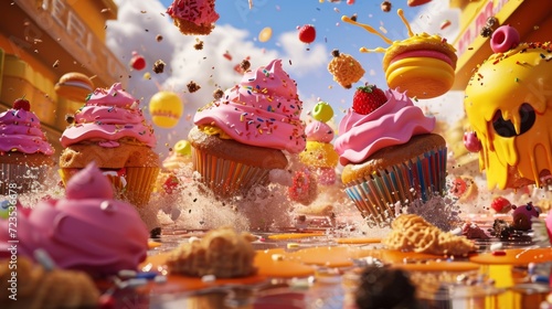 A rowdy gang of rogue cupcakes haphazardly rolling around the bakery knocking over ingredients and leaving a trail of destruction as they attempt to pull off daring tricks photo