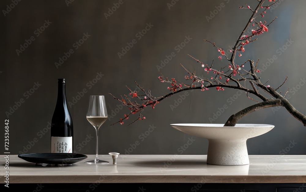 Elegance of a wine glass and bottle gracefully arranged atop a modern table, set against a clean and uncluttered background. Elegance of a wine glass and bottle gracefully arranged atop a modern table, set against a clean and uncluttered background.