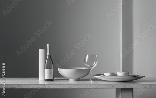 Elegance of a wine glass and bottle gracefully arranged atop a modern table  set against a clean and uncluttered background. 