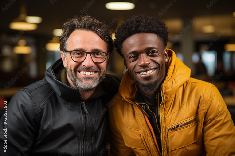 young black boy and white mature man looking at the camera while smiling young black boy and white mature man looking at the camera while smiling