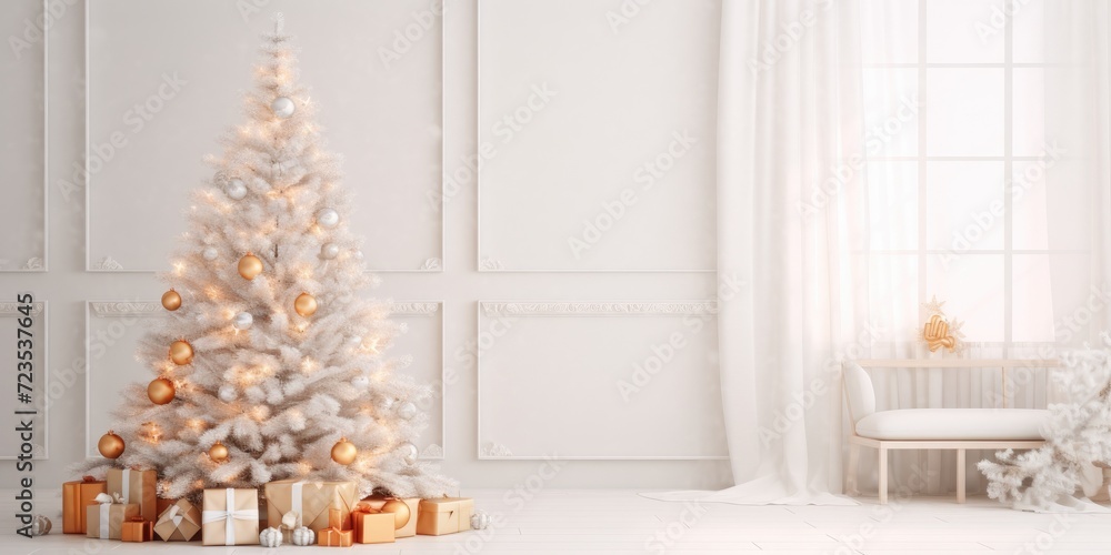 Festive holiday scene with Christmas tree, decorations, and New Year vibes.
