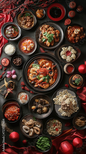 Top View a table laid out with different types of chinese food  dishes  noodles and fruits