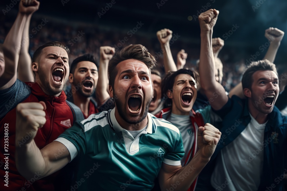 Football fans. Crowd of sports fans cheering during a goal in stadium ...