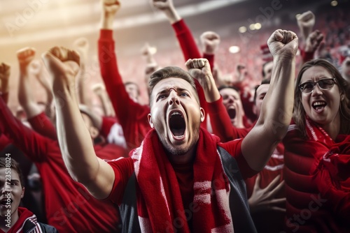 Football fans. Crowd of sports fans cheering during a goal in stadium. Excited people standing with their arms raised, clapping and yelling to encourage their team.