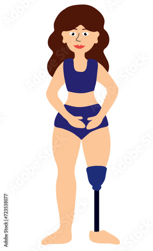 Body positive concept. Woman with Disability, prosthesis leg. Girl in swimsuit standing. Cartoon flat vector illustration.