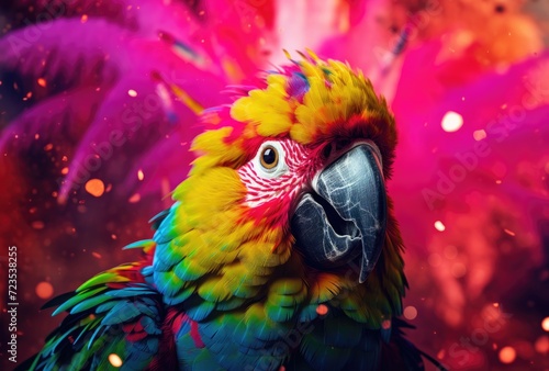 A jubilant and cute parrot revels in birthday festivities, surrounded by falling confetti and balloons. © Murda