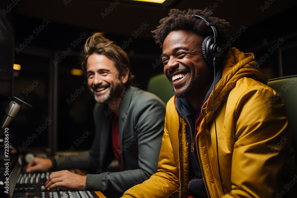 two guys smiling while doing live streaming recording two guys smiling while doing live streaming recording