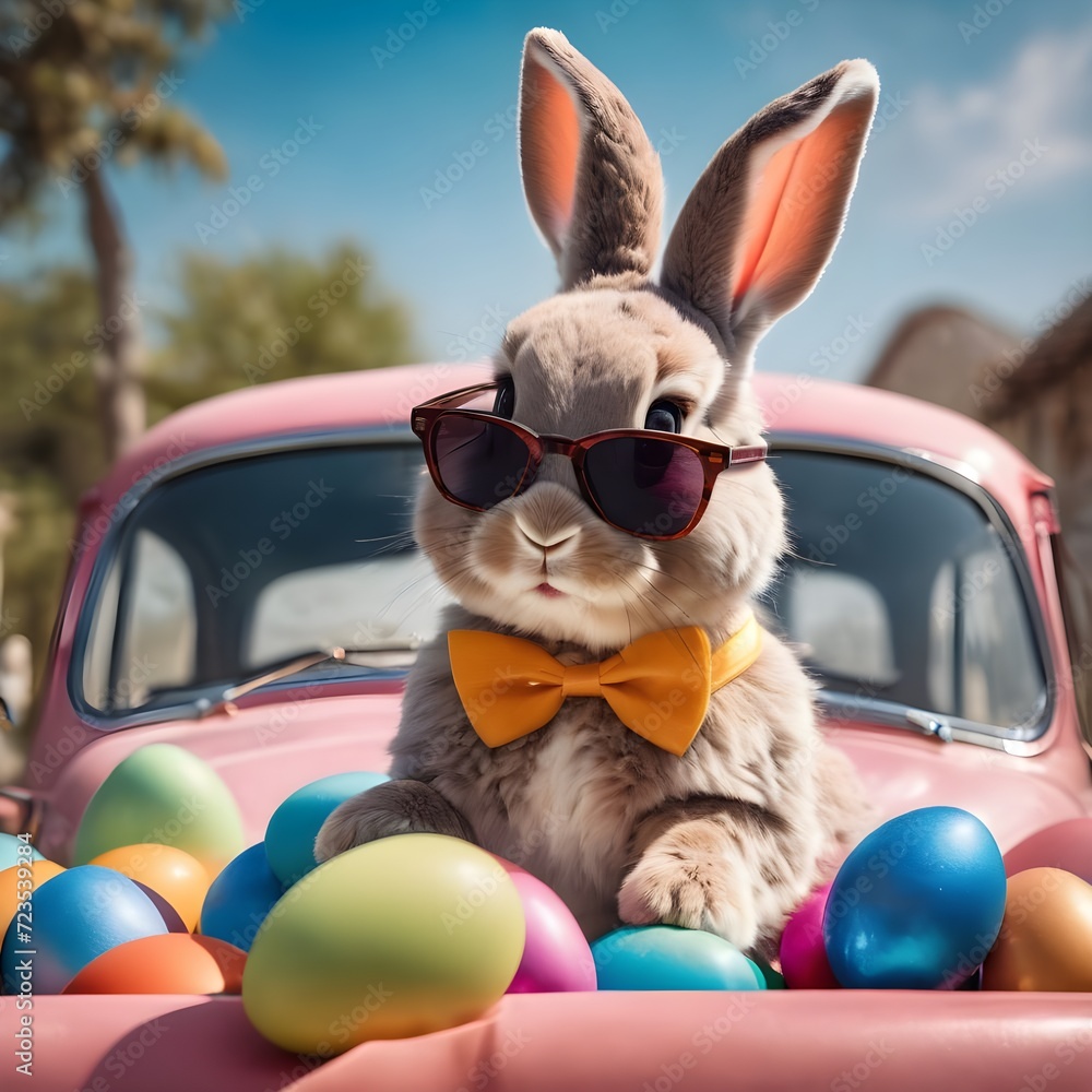 Cute Easter Bunny with Sunglasses and Easter Eggs in Car