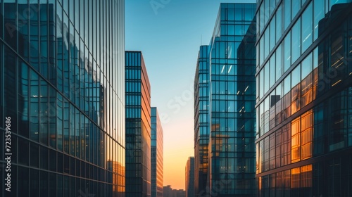 Captured in the fleeting golden hour a group of modern office buildings stands out with their striking shapes and minimalistic design leaving a lasting impression.