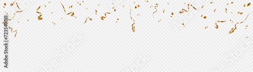 Confetti on a transparent background. Falling shiny golden confetti. Bright golden festive tinsel. Holiday design elements for web banner, poster, flyer, invitation. Vector	