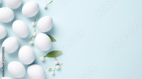 Pastel Blue Flat Lay with Easter Eggs. Copy Space