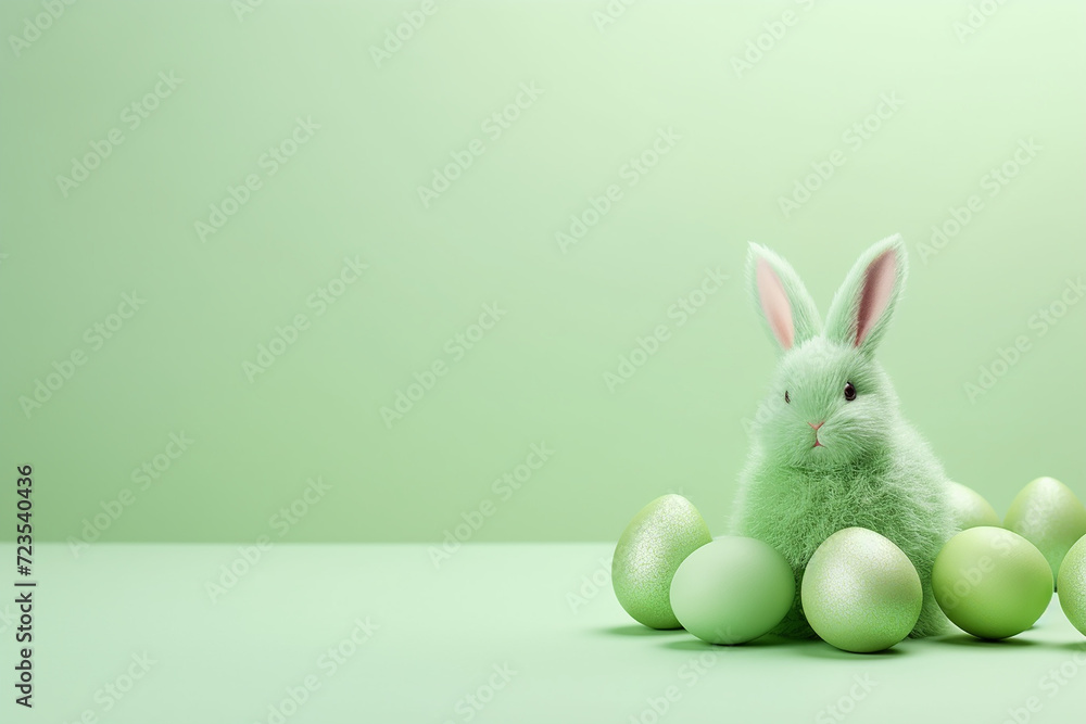 Pastel Green Flat Lay with Easter Eggs and Fluffy Bunny Doll. Copy Space. Minimal Style Pastel Green Flat Lay with Easter Eggs and Fluffy Bunny Doll. Copy Space. Minimal Style