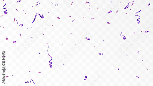 Confetti on a transparent background. Falling shiny purple confetti. Bright golden holiday tinsel. Holiday design elements for web banner, poster, flyer, invitation. Vector