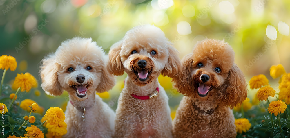 Poodle dog. A group of playful smiling poodles. Poodle Family three Dogs Sitting on grass in garden. Generative ai - obrazy, fototapety, plakaty 