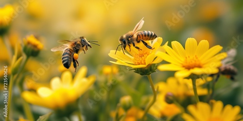 Bees actively pollinating and aiding in the growth of plants. Bees are depicted buzzing around colorful flowers, collecting pollen and nectar © CraftyImago