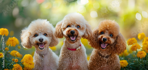 Poodle dog. A group of playful smiling poodles. Poodle Family three Dogs Sitting on grass in garden. Generative ai
