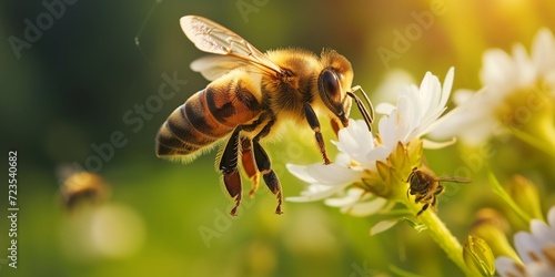Bees actively pollinating and aiding in the growth of plants. Bees are depicted buzzing around colorful flowers, collecting pollen and nectar
