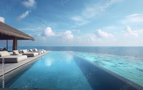 Modern pool that seems to merge with the boundless seascape. © Nattadesh