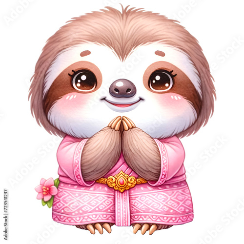 Sloth watercolor animal wearing pink outfit make Sawadee gesture to express respect or greetings.  photo