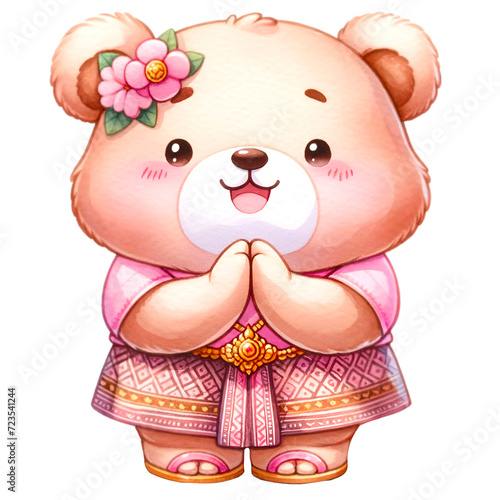 Bear watercolor animal wearing pink outfit make Sawadee gesture to express respect or greetings.  photo