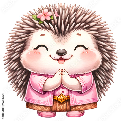 Porcupine watercolor animal wearing pink outfit make Sawadee gesture to express respect or greetings.  photo