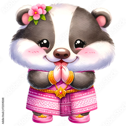 Badger watercolor animal wearing pink outfit make Sawadee gesture to express respect or greetings.  photo