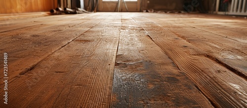 Renovating a house involves replacing carpet with solid oak wood, specifically handscraped oiled European oak, brushed for texture and defining wood grain. photo