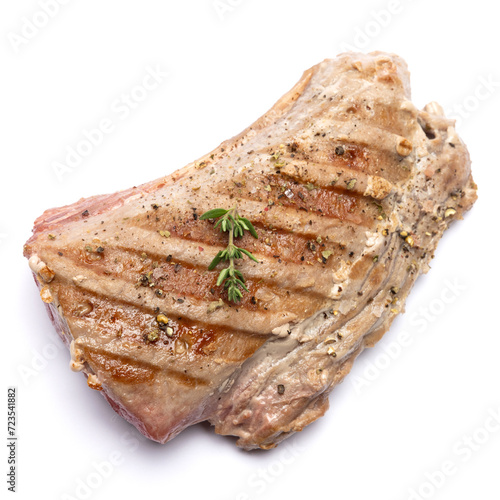 grilled cooked piece of tuna fillet isolated on white background
