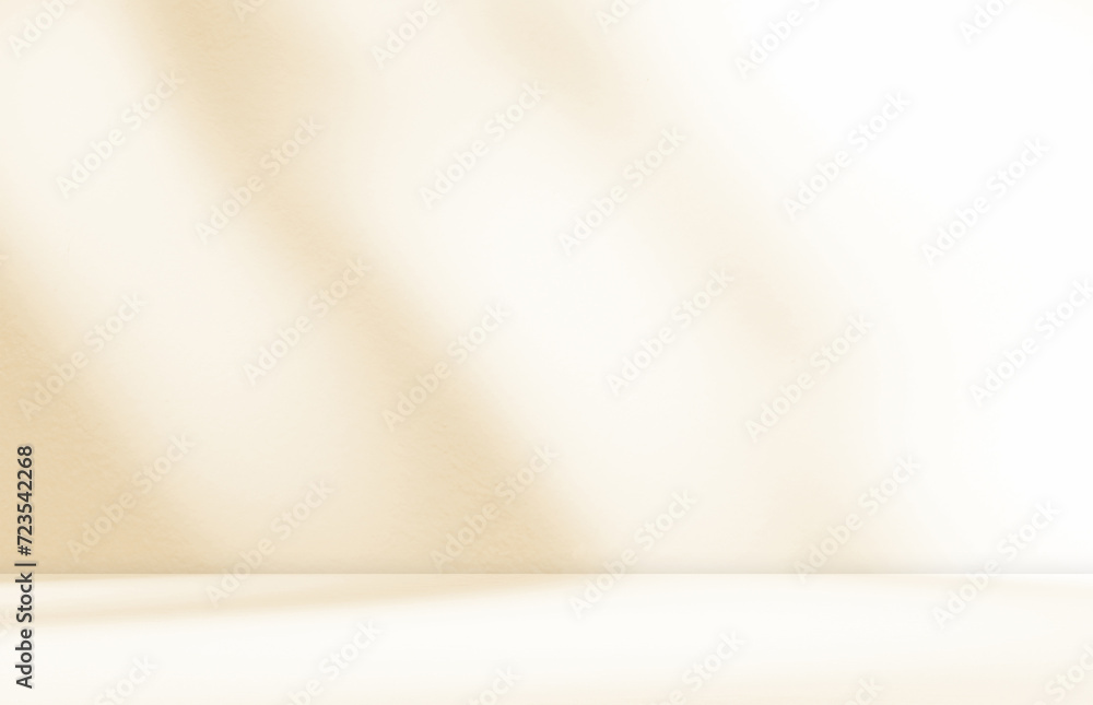 Empty cream beige autumn room studio with leaves shadow overlay. Sunlight and shadow effect. Cosmetic product presentation showroom. Interior design. Minimal Mock up, Summer or Spring season concept. Empty cream beige autumn room studio with leaves shadow overlay. Sunlight and shadow effect. Cosmetic product presentation showroom. Interior design. Minimal Mock up, Summer or Spring season concept.