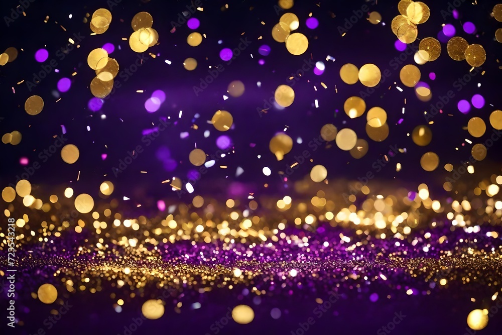 Background with golden and purple glitter confetti and bokeh