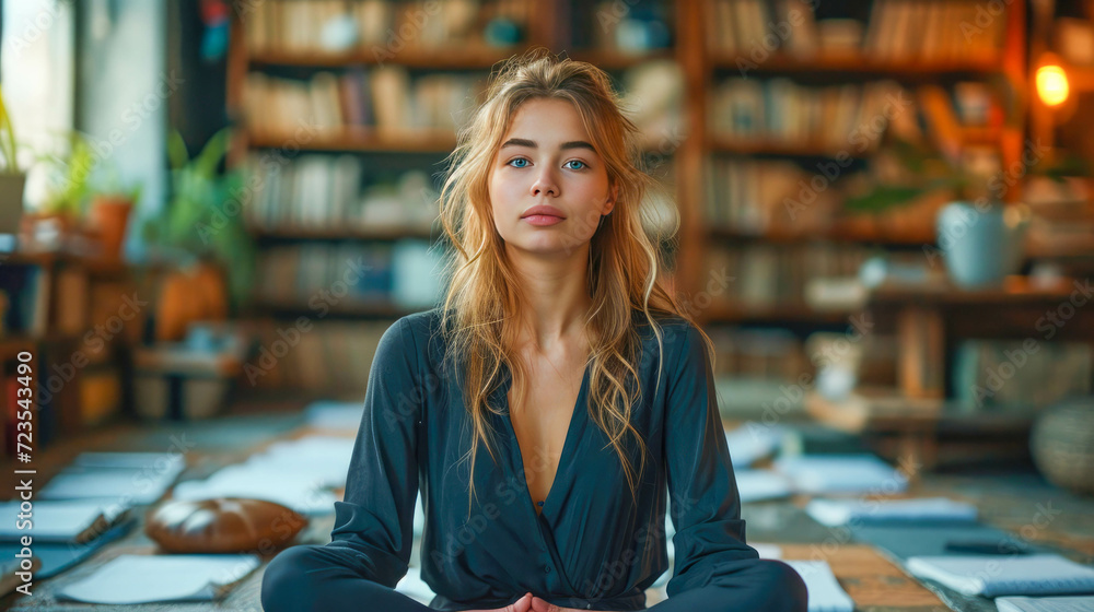 Relaxed young woman businesswoman surrounded by documents and papers in the office meditating in yoga lotus pose