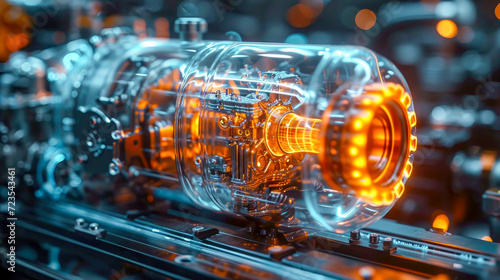 An industrial engine transparent modern high-tech centrifugal electric pump with asynchronous electric motor on a blue background with reflection