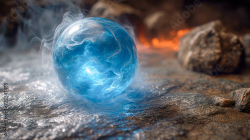 Crystal ball energy magic sphera with blue smoke on a black background photo