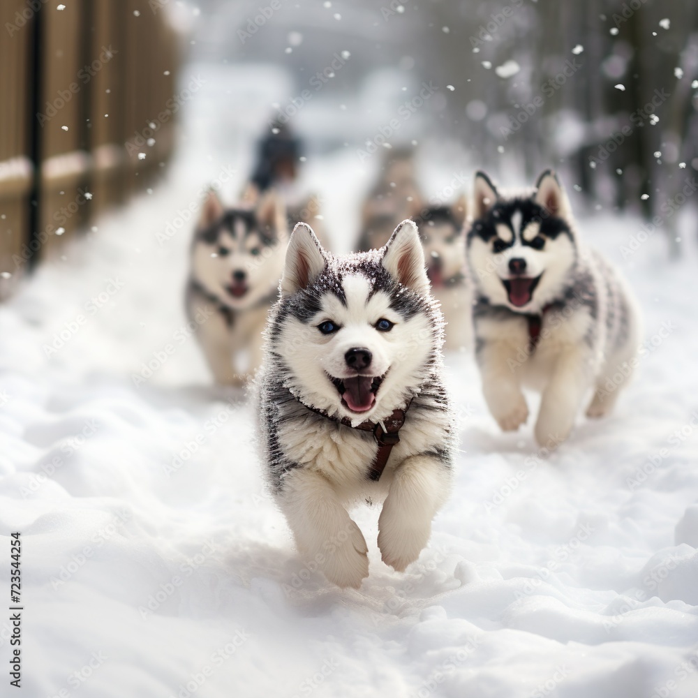 pack of husky dogs running on snow winter season