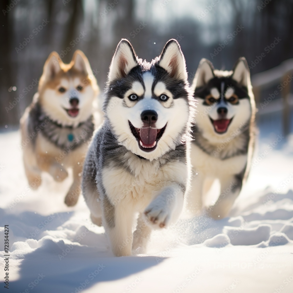 pack of husky dogs running on snow winter season