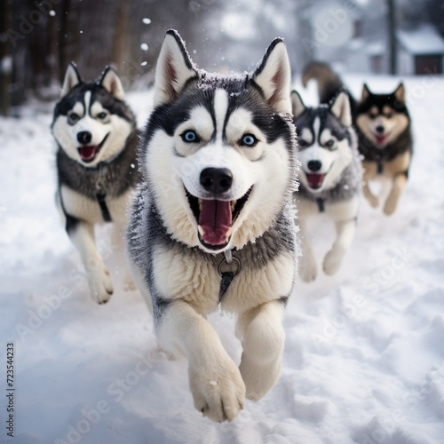 pack of husky dogs running on snow winter season