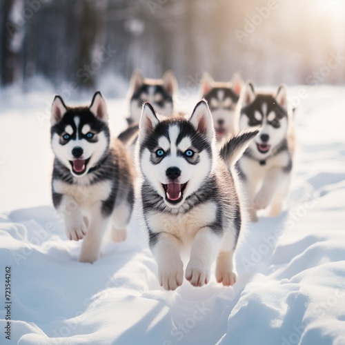 pack of husky dogs running on snow winter season