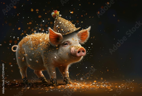 An animated pink pig, adorned with a birthday party hat, eagerly anticipates celebrating its special day with joy and merriment.