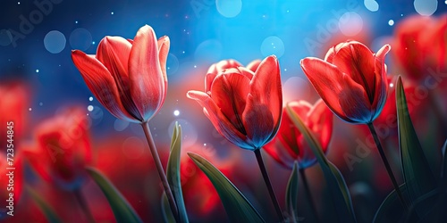 Against the dark canvas, a bouquet of vivid red tulip buds adds a touch of vibrant beauty.