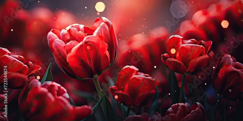 Bright red tulip buds stand out elegantly against a dark background, creating a captivating contrast.