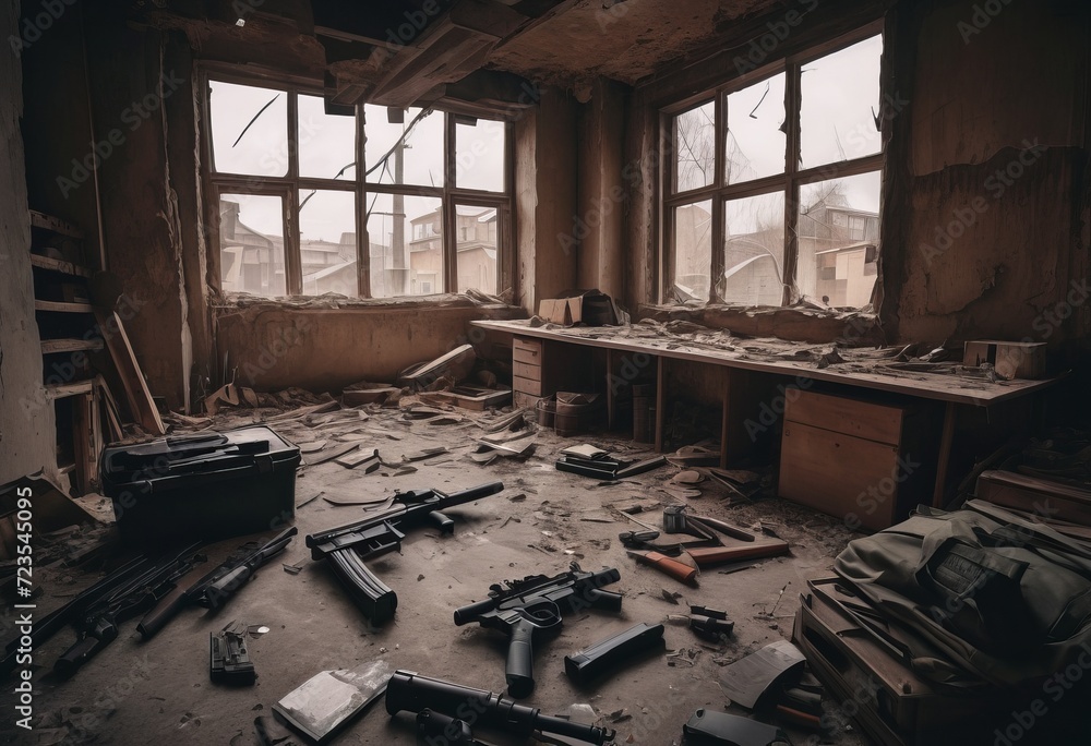 abandoned weapons after fighting on the battlefield, in the shelter