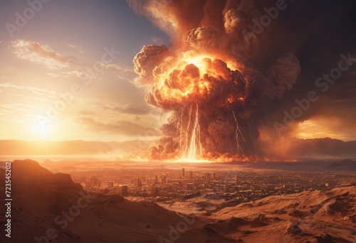 Atomic bomb in city. Symbol of war, end of world. Nuclear explosion